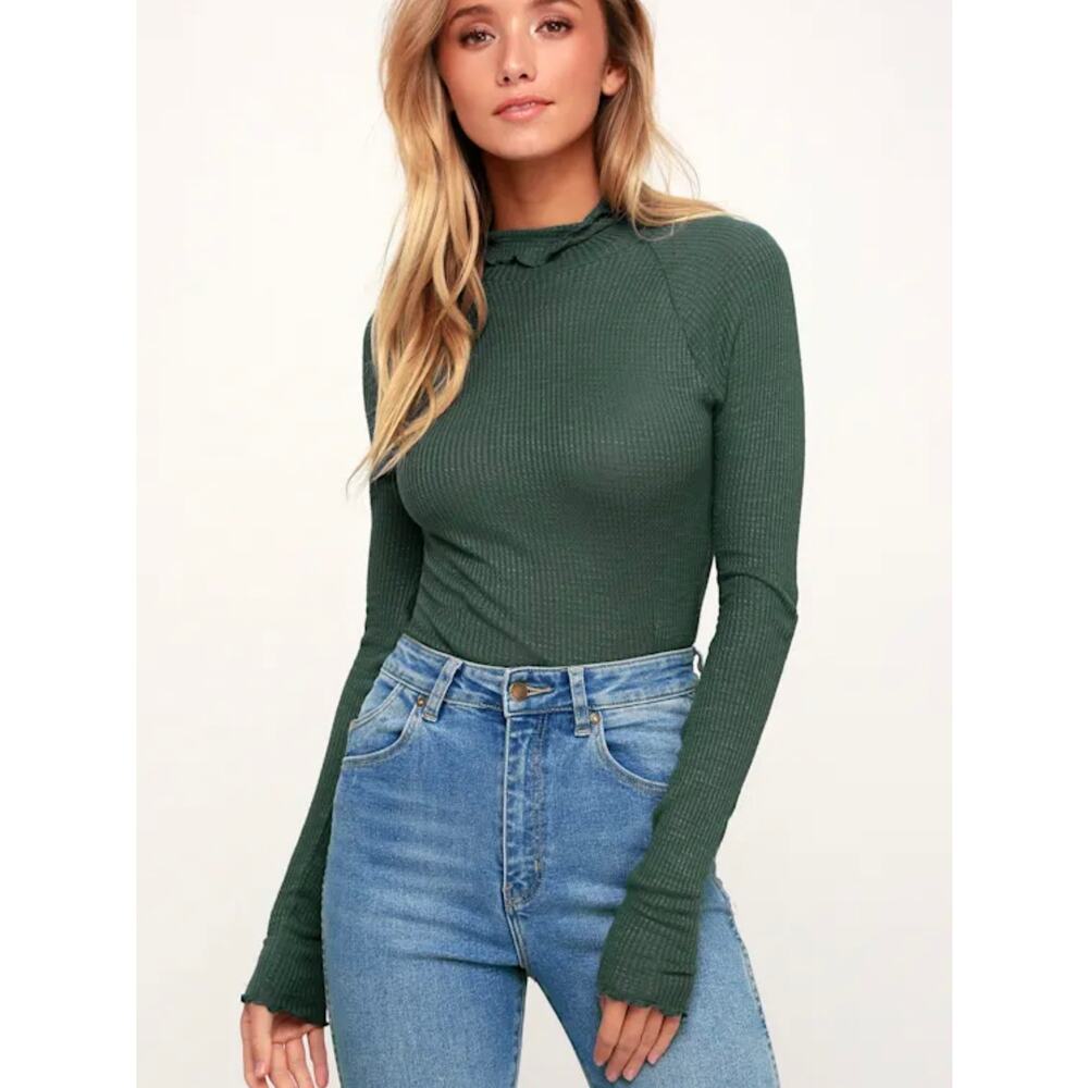 Free People Intimately Teal Thermal Turtleneck Lettuce Hem Top S